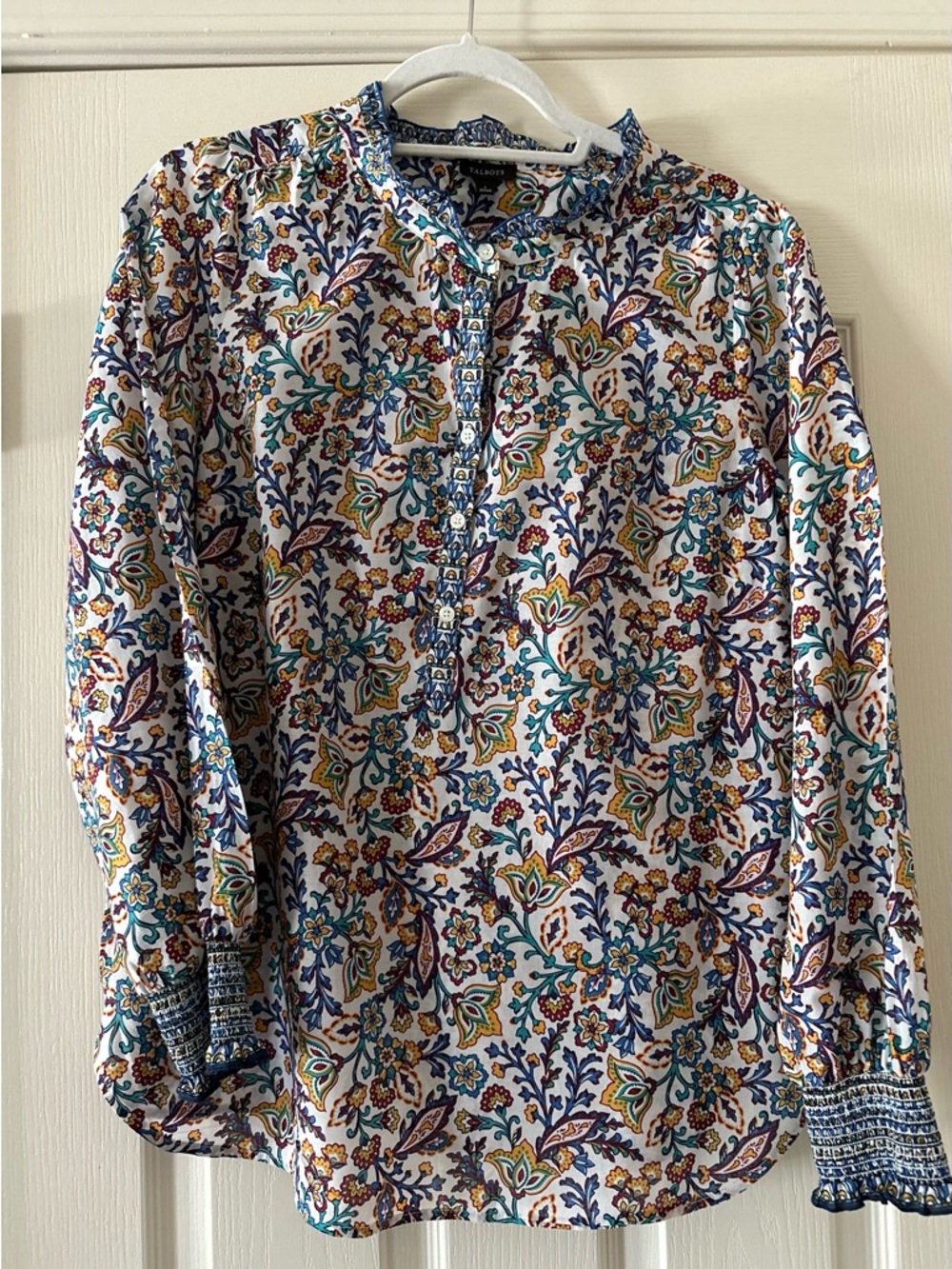 Talbots White Band-Collar Floral Blouse with Blue, Green & Gold Accents